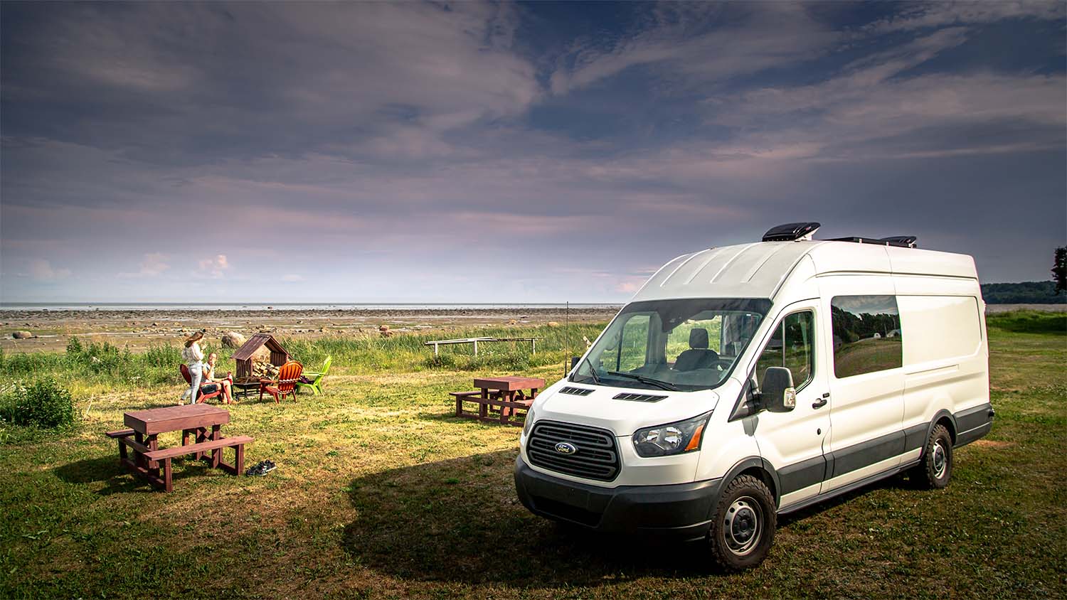 white van in a field with cows